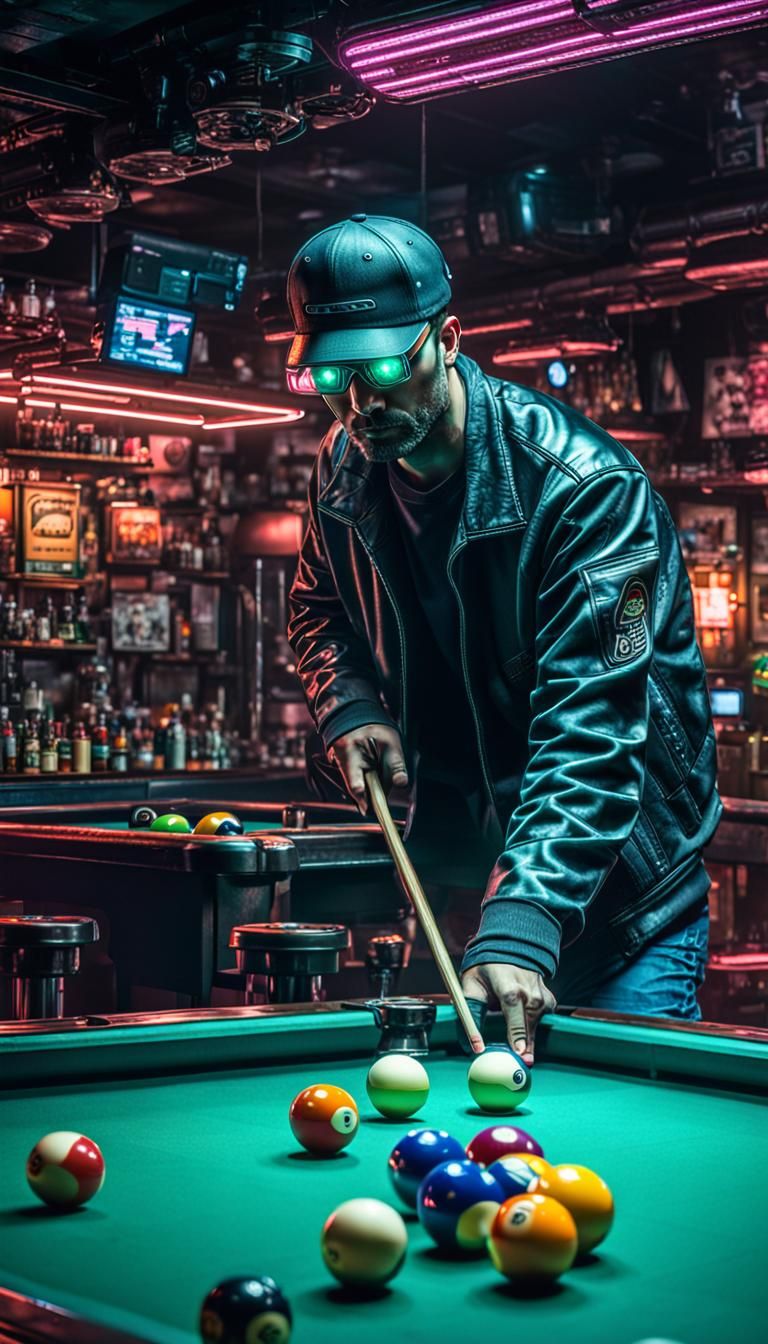 Cyberpunk Pool Player in Hyperrealistic 3D