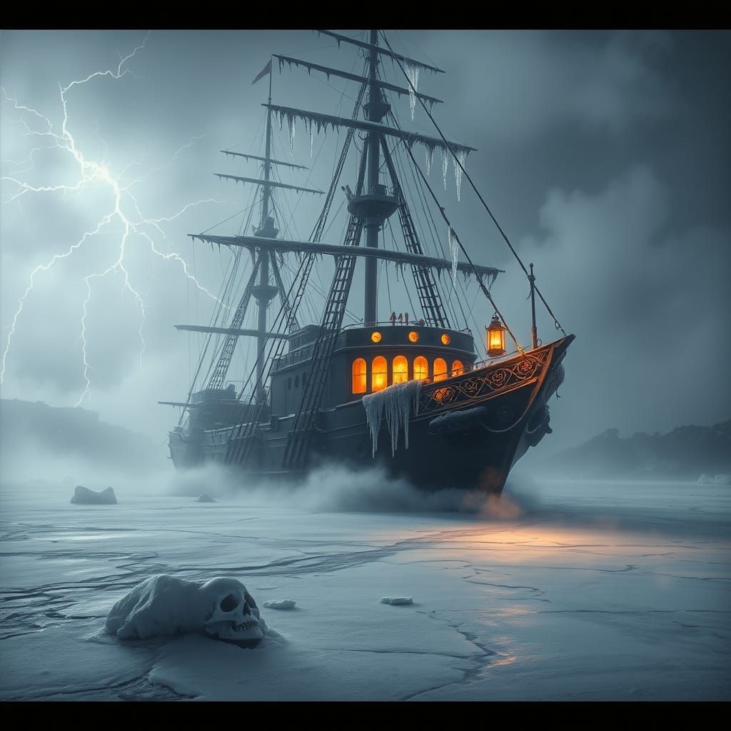 Ghost Ship in Frozen Harbor Lightning Storm
