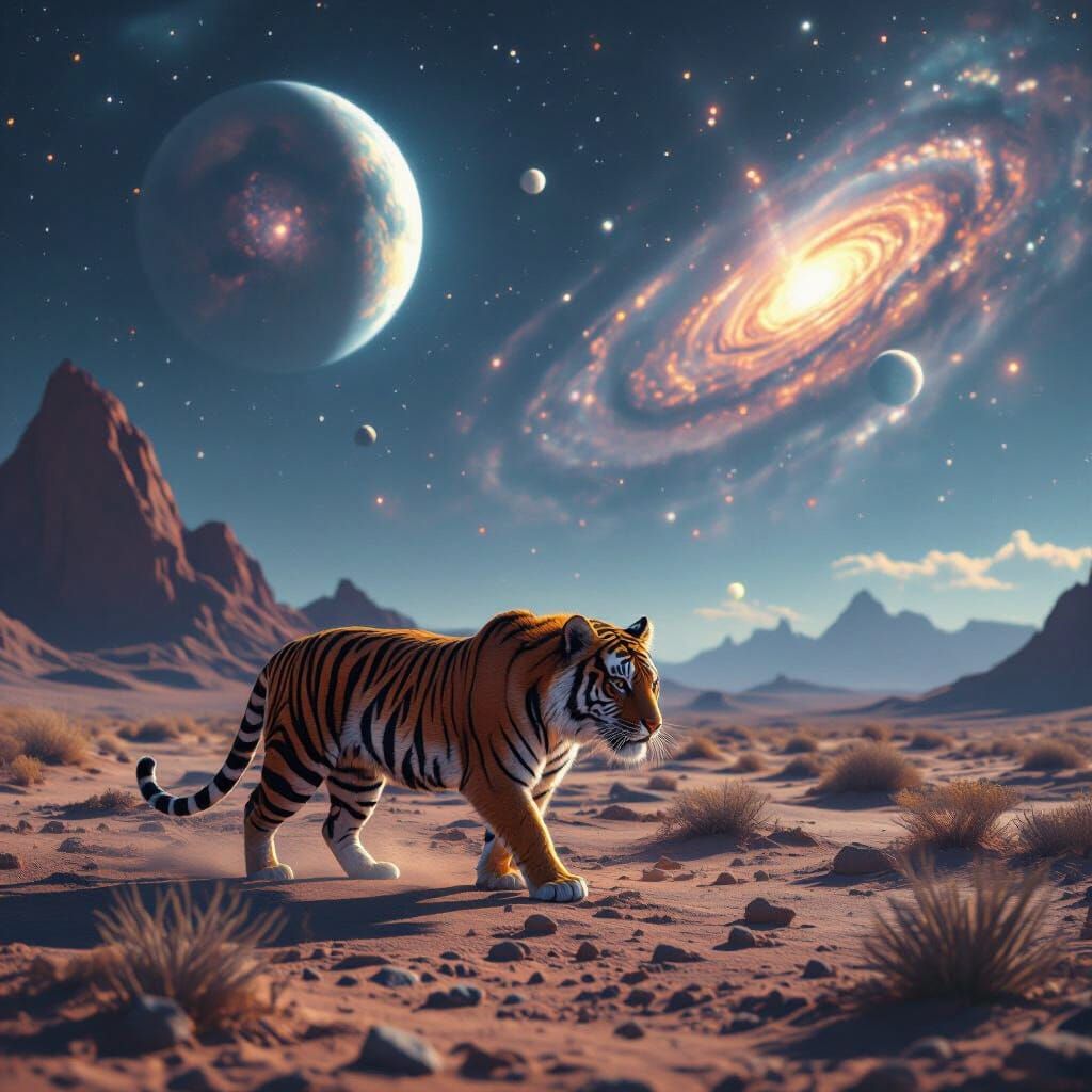 Cosmic Tiger in Alien Desert Landscape