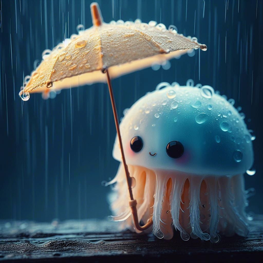 Adorable Jellyfish with Umbrella in the Rain