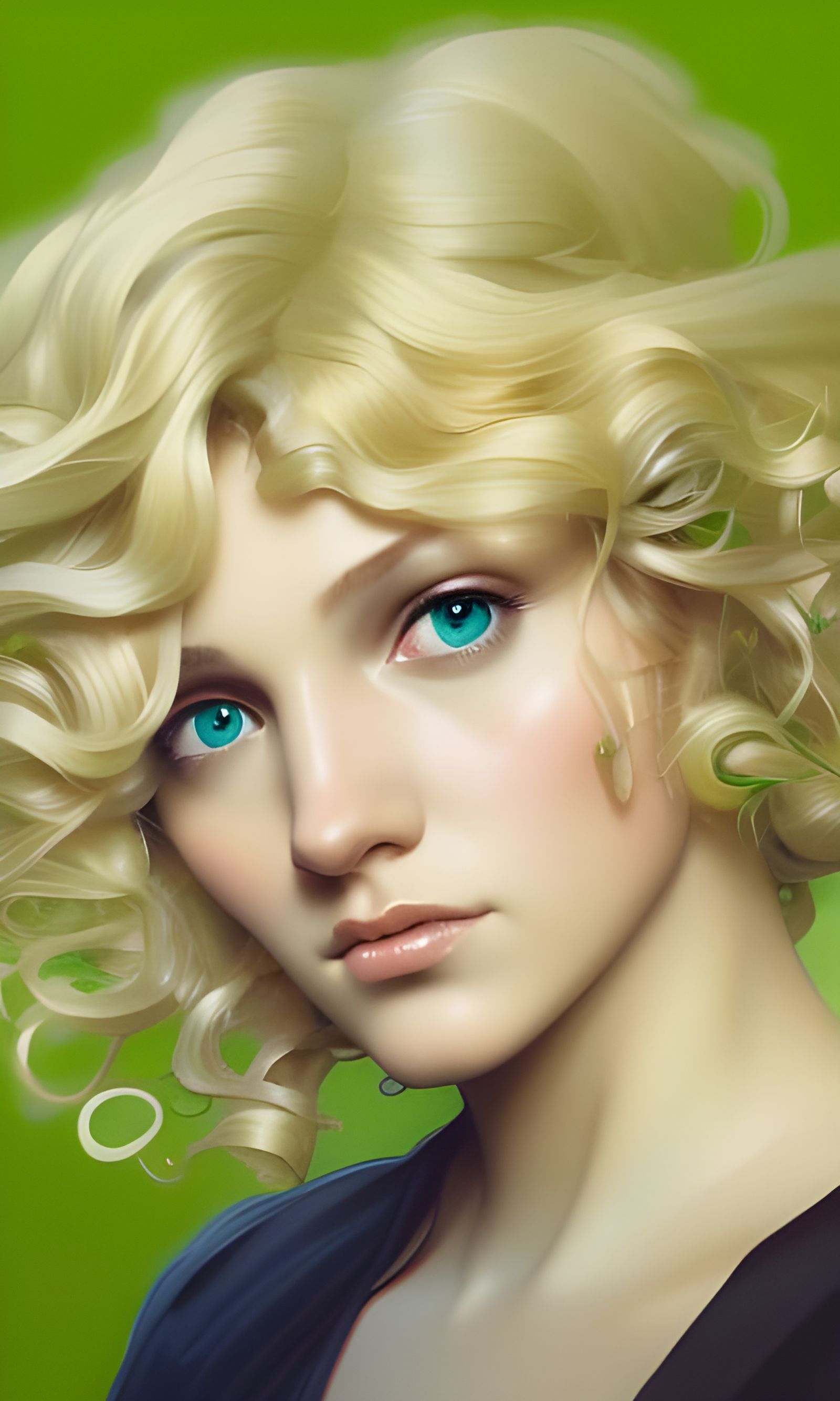 Woman curly blonde hair and green eyes