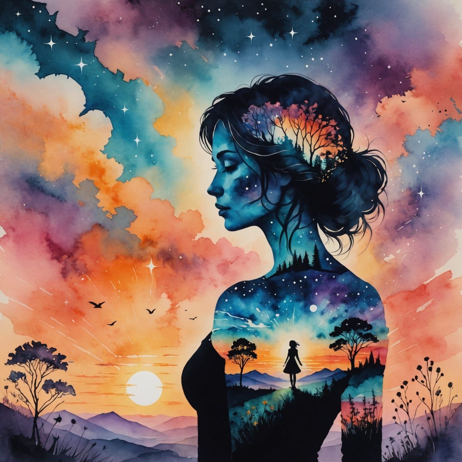 Woman in 5D Projection Surrounded by Vibrant Celestial Lands...