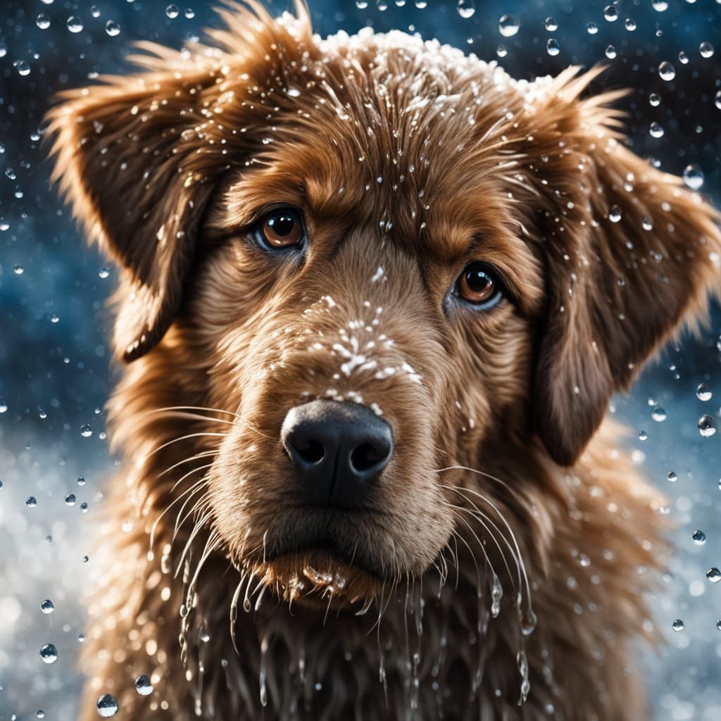 Vibrant Close-Up of Happy Puppy with Water-Drenched Football