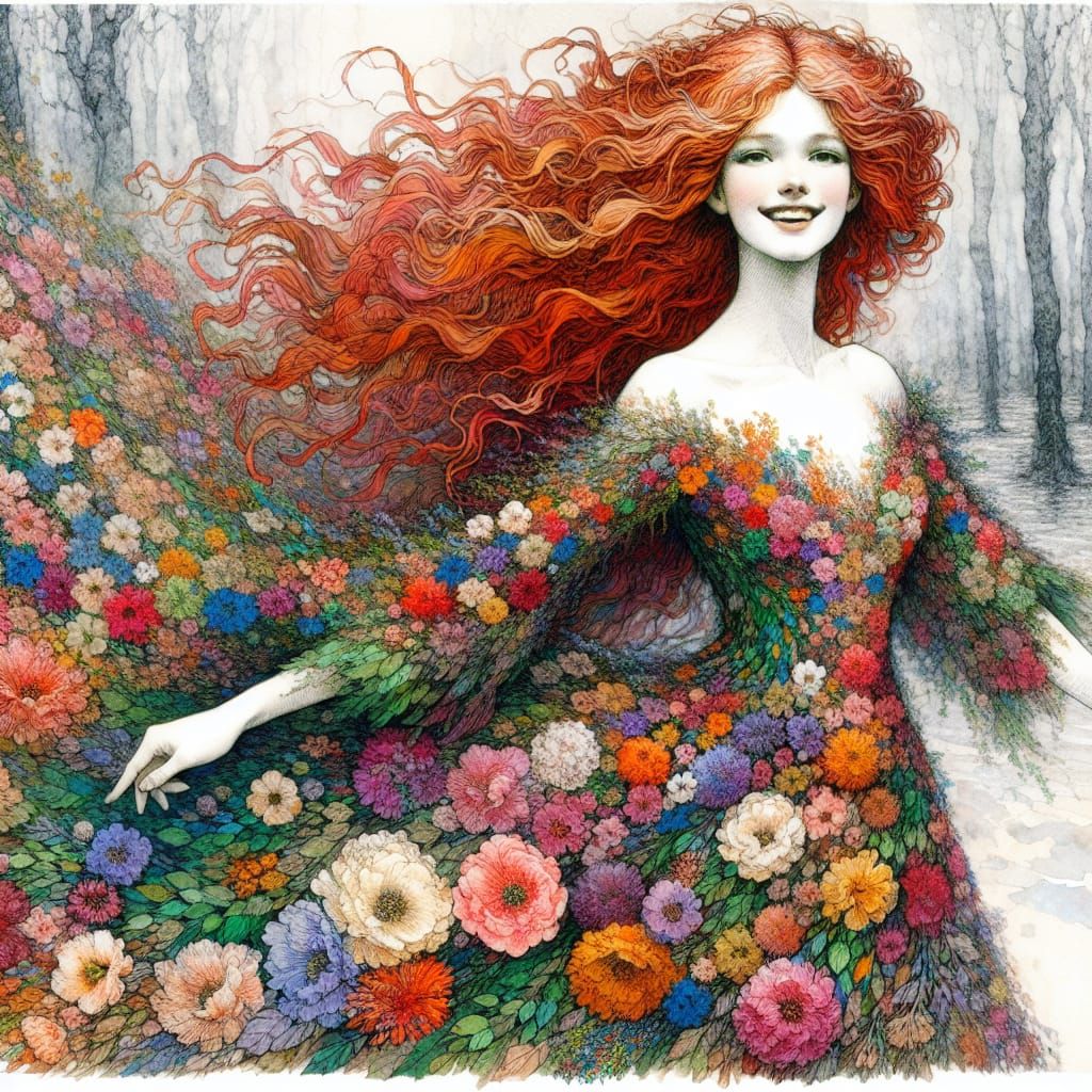 Joyful Flower Goddess in Impressionist Style