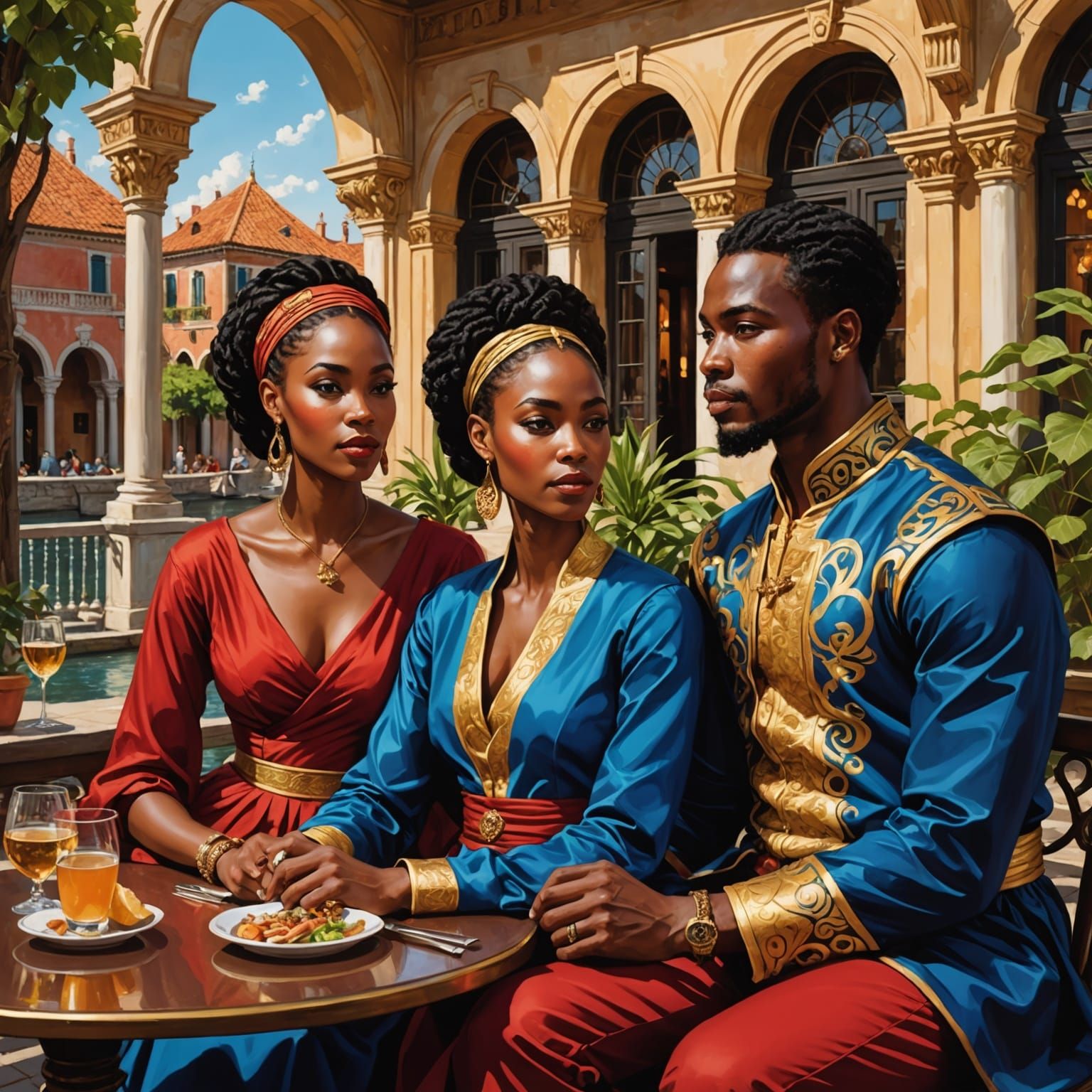 African Woman and Thai Man in Renaissance Garden
