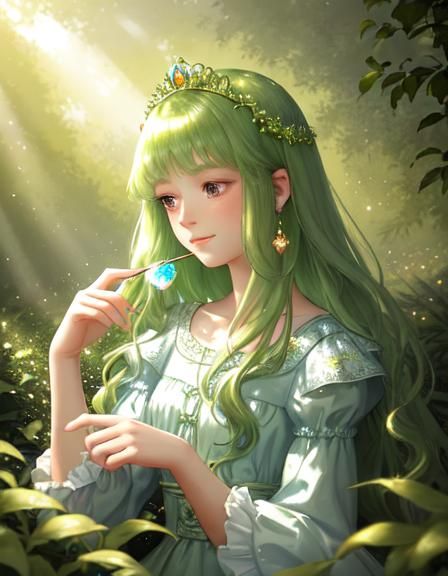 Girl in Princess Dress in Whimsical Garden