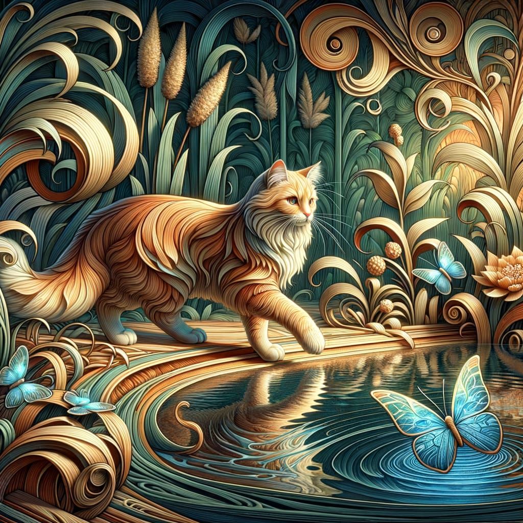 Elegant Tabby Cat Walking by Pond in Art Nouveau Style