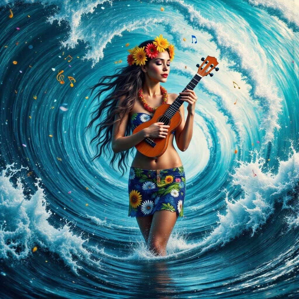 Surreal Cinematic Masterpiece of a Hawaiian Woman Playing Uk...
