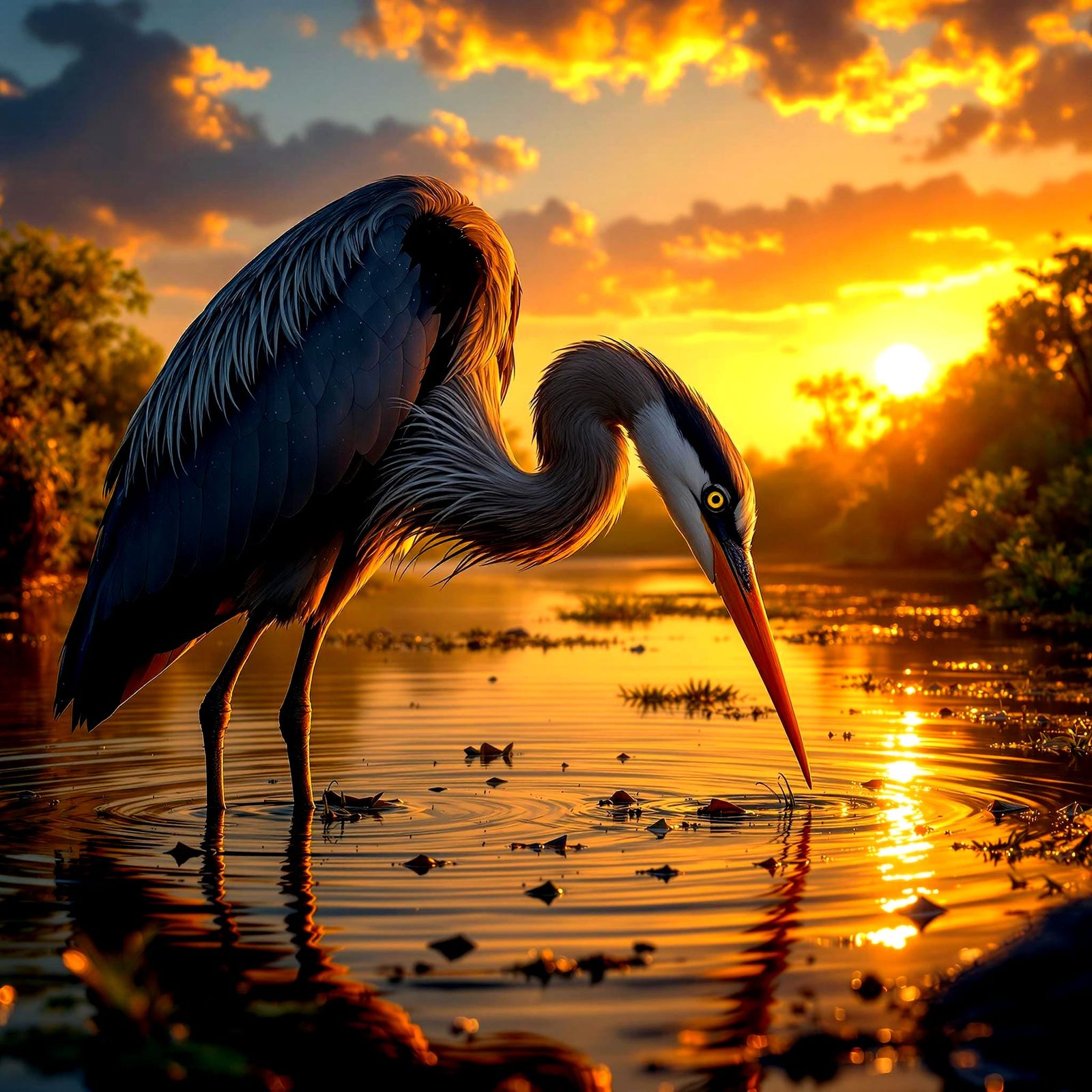 Elegant Heron Wades Through Lush Mangrove Swamp at Sunset