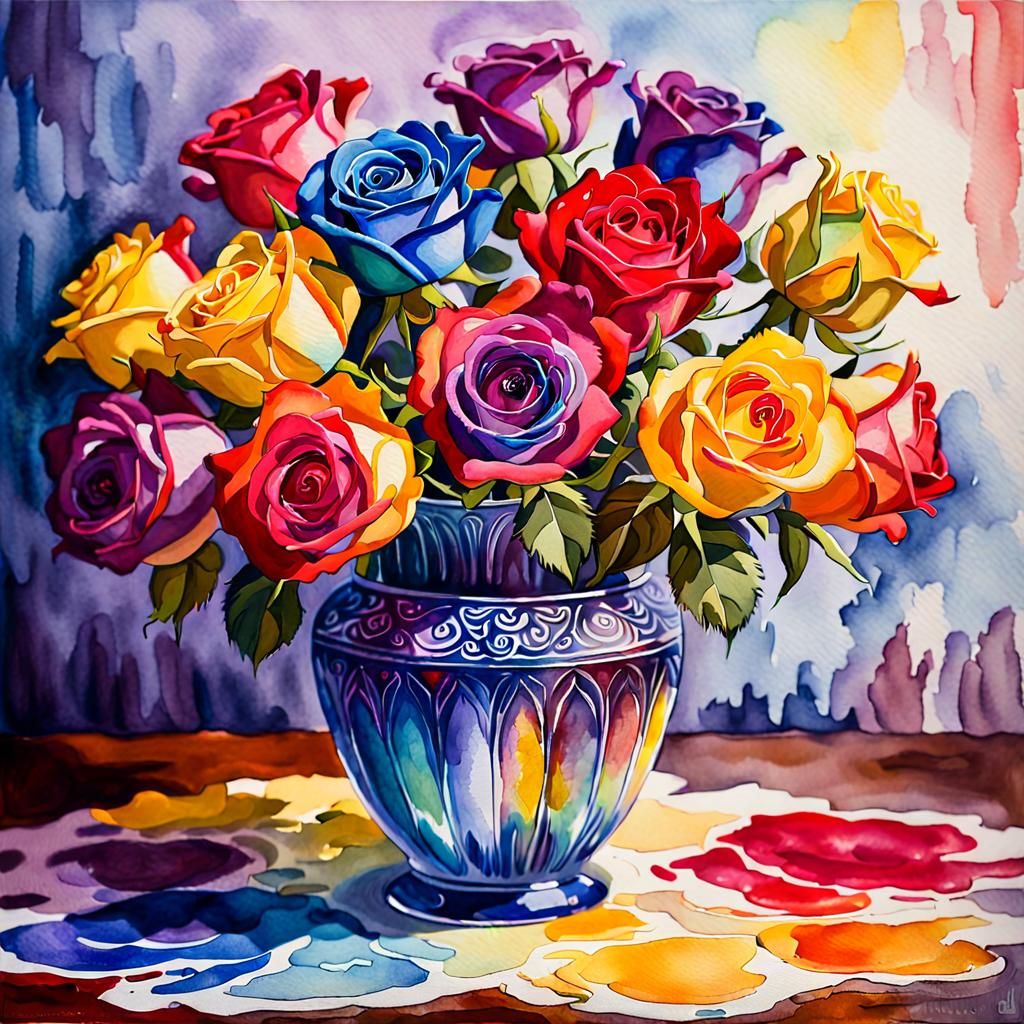 Rainbow Roses Still Life in Watercolor Style
