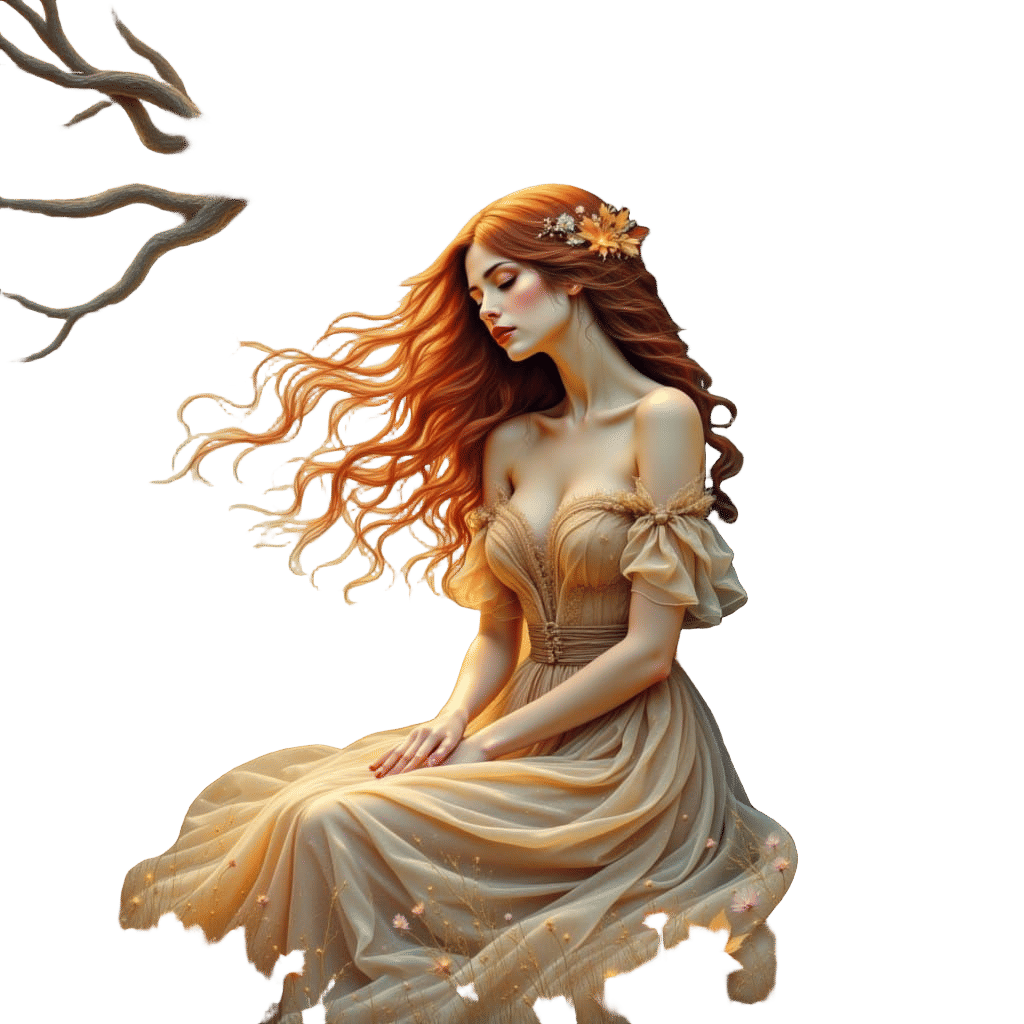 Woman in Autumn Gown by Gnarled Oak, Watercolor Style
