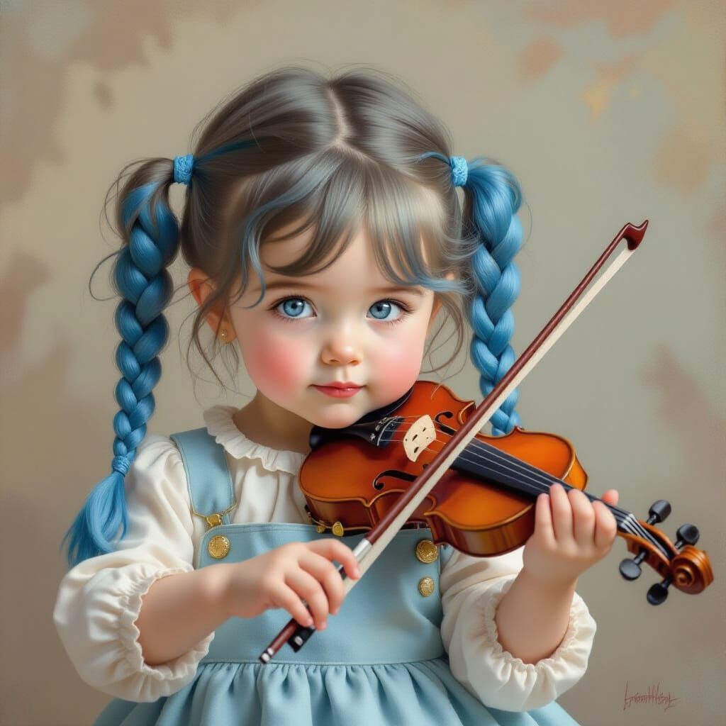 Blue-Haired Girl Plays Violin, Beatrix Potter Style