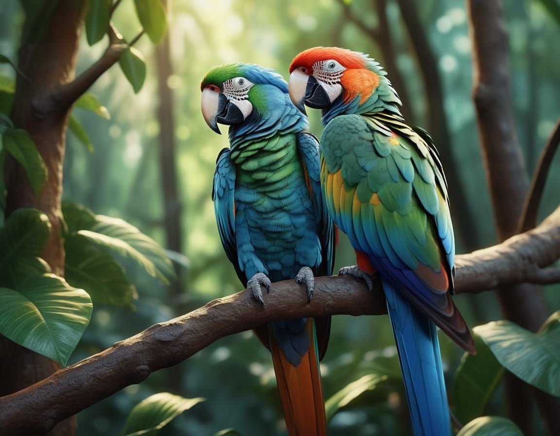 Vibrant Parrot Couple in Lush Forest