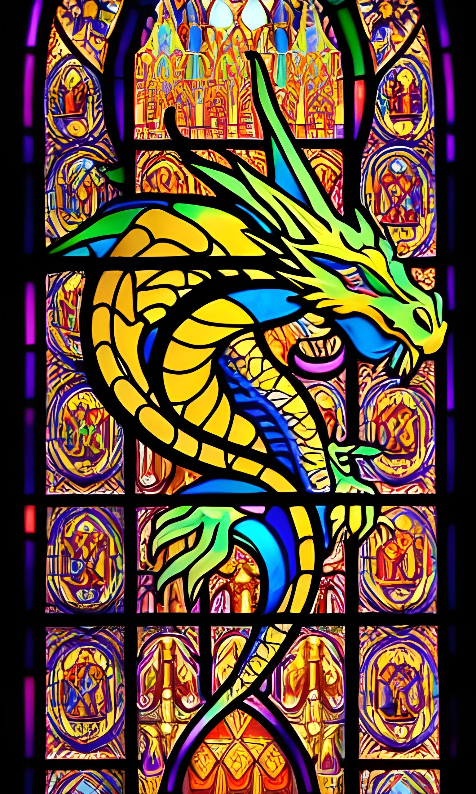 Colorful Stained Glass Dragon Art in Vaporwave Style