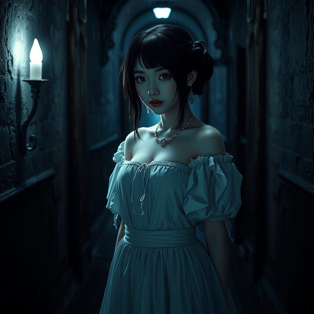 Enigmatic Girl in Castle Hallway: Hyperrealistic AI Art