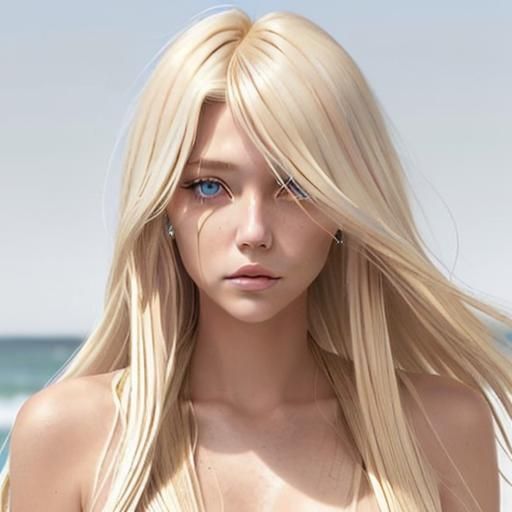 Sun-bleached blonde with a natural, highlighted appearance. The hair should be long and windblown, with lighter strands ...