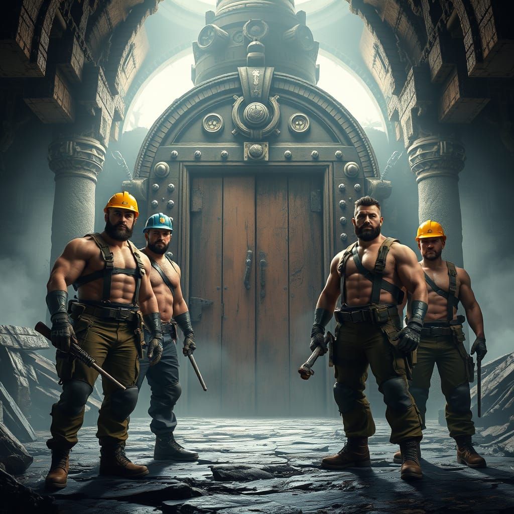 Steampunk Explorers: Muscular Workers Discover Ancient Door