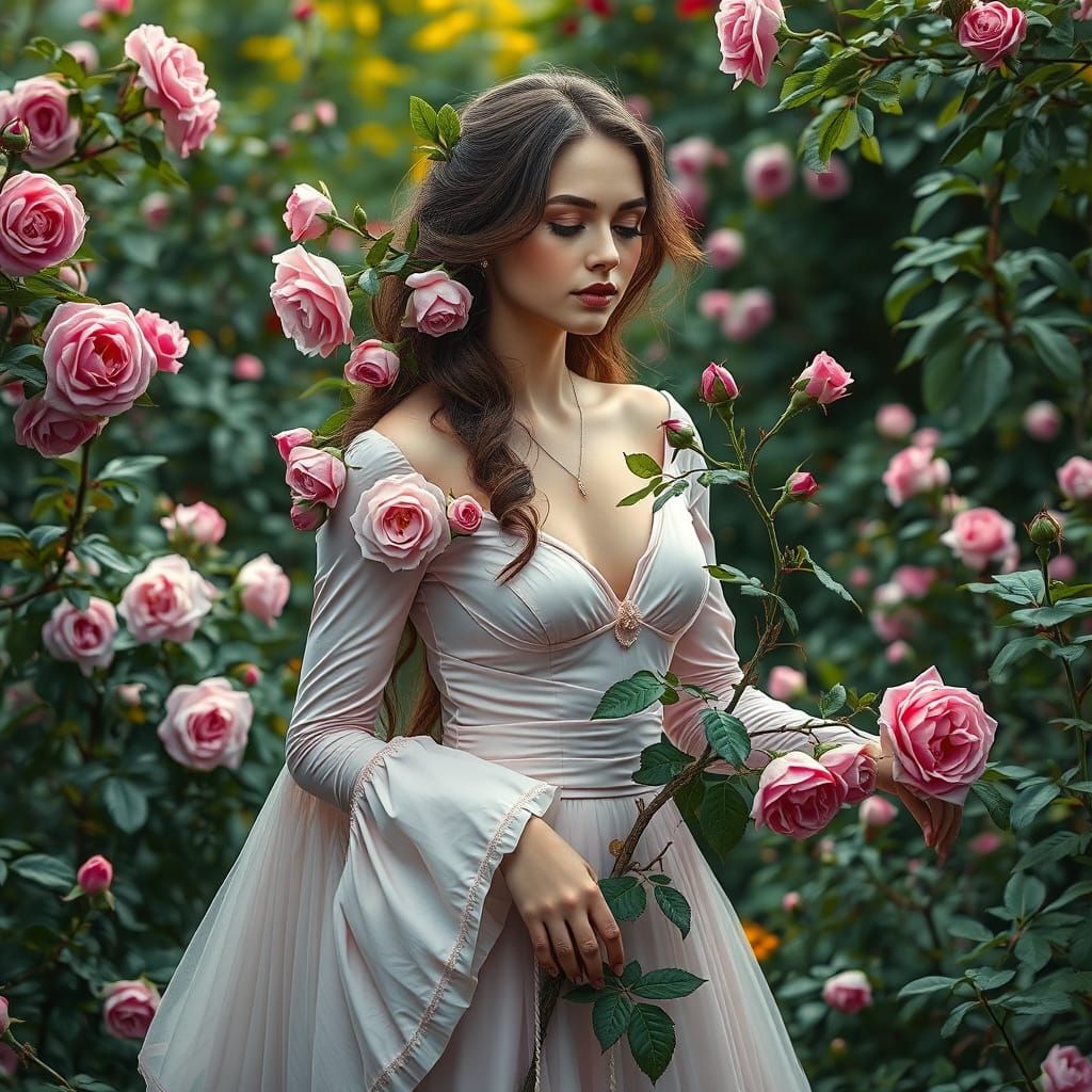 Woman in Rose Garden, Hyperrealistic Digital Art