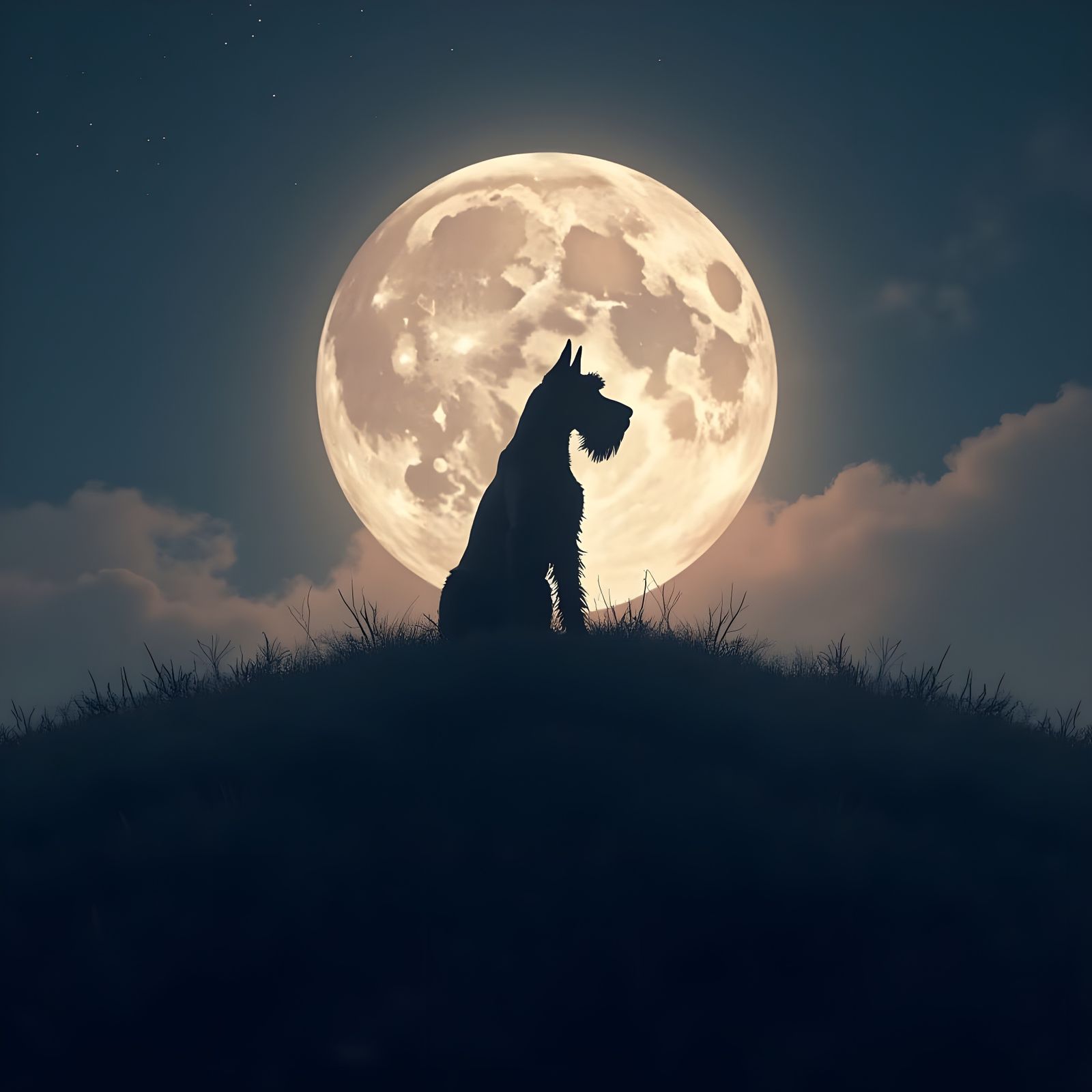 Noble Schnauzer Silhouetted Against a Twilight Moon