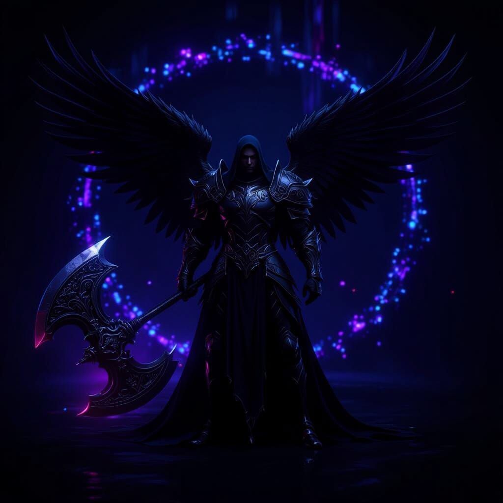 Fallen Angel Warrior Wielding Ornate Battle Axe