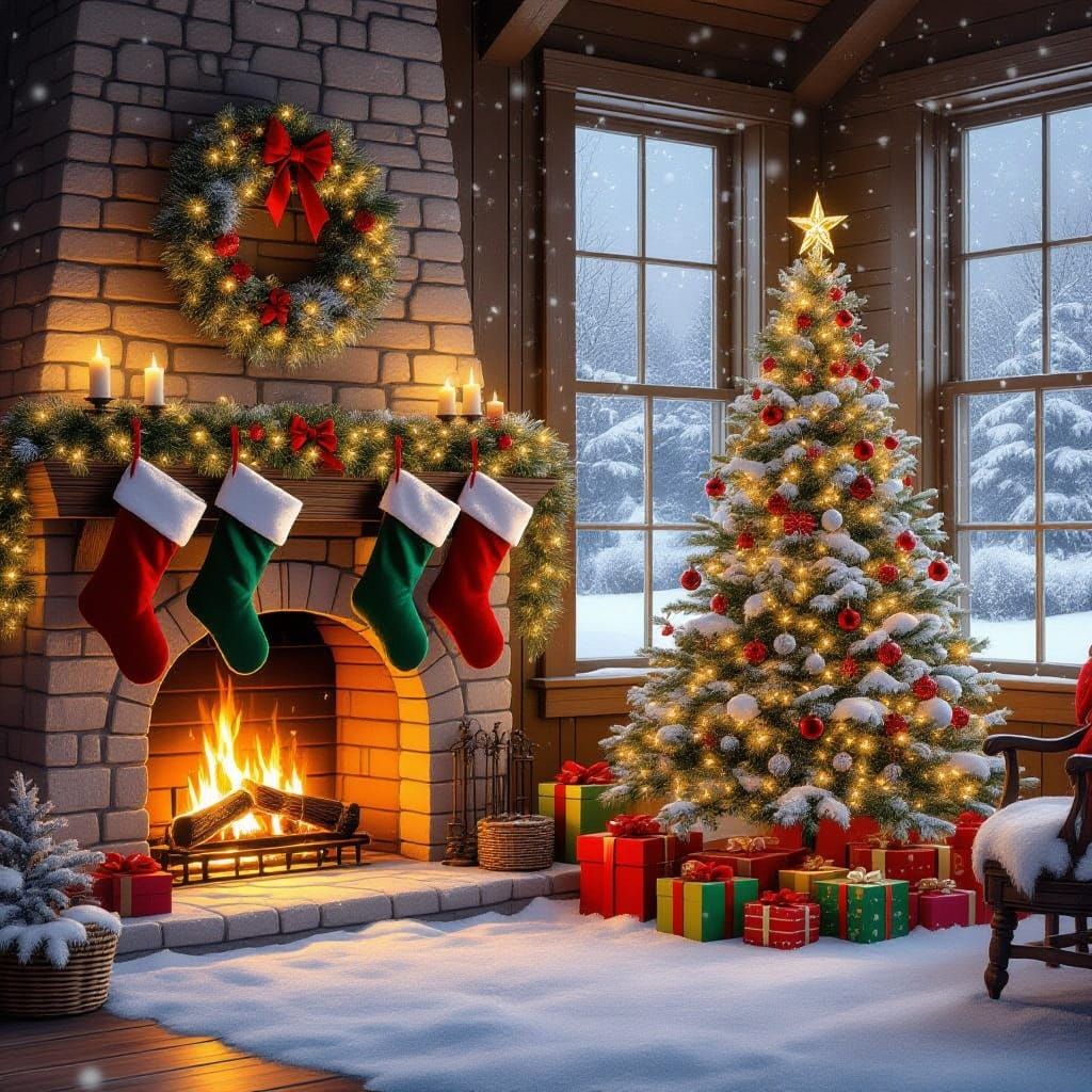 Cozy Christmas Eve Fireplace Scene with Snow