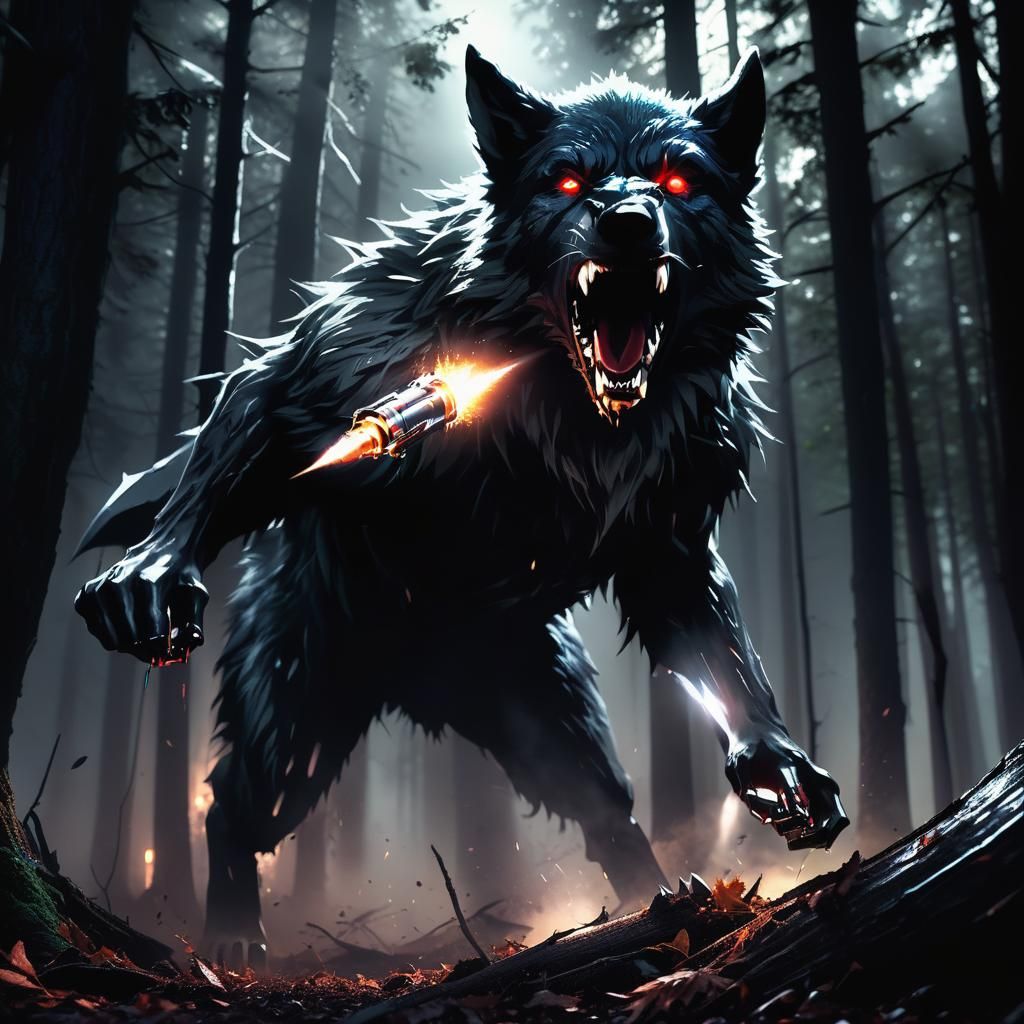 Werewolf Shot with Silver Bullet in Neon Forest