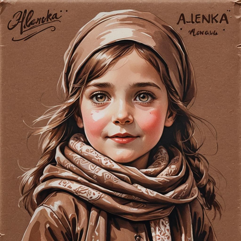 "Alenka" - the face of a little girl in a scarf on the label