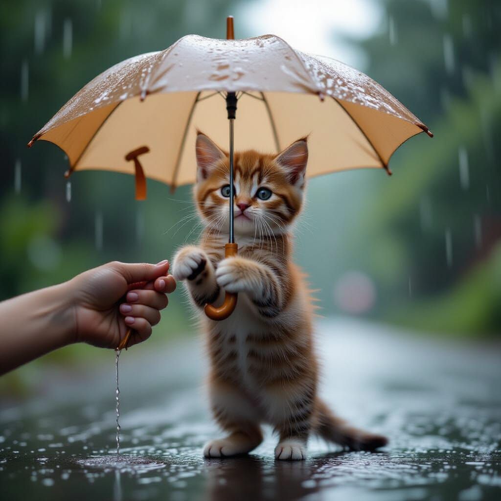 Wet Kitten Floats Upwards Holding Umbrella Handle