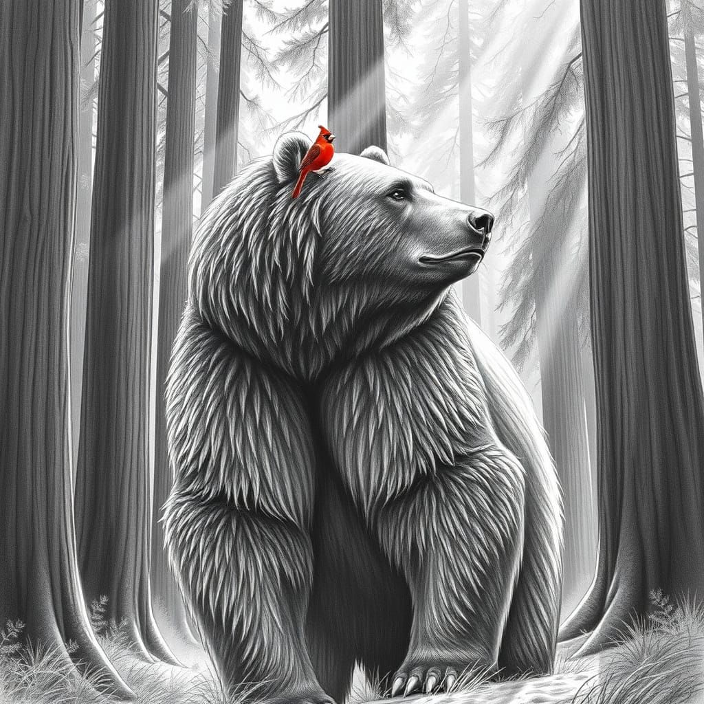 Grizzly Bear in Redwood Forest, Pencil Sketch