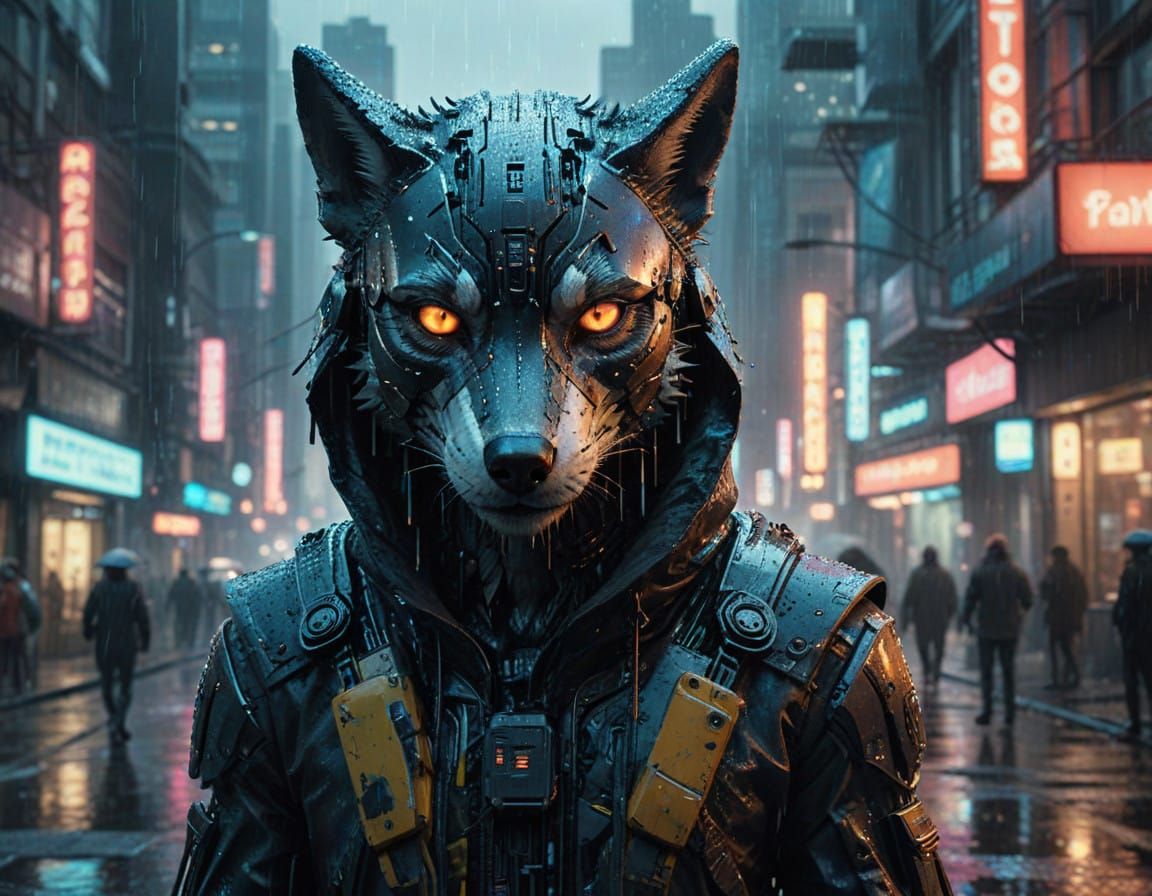 Cyberpunk Robotic Wolf in Neon-Lit Urban Landscape