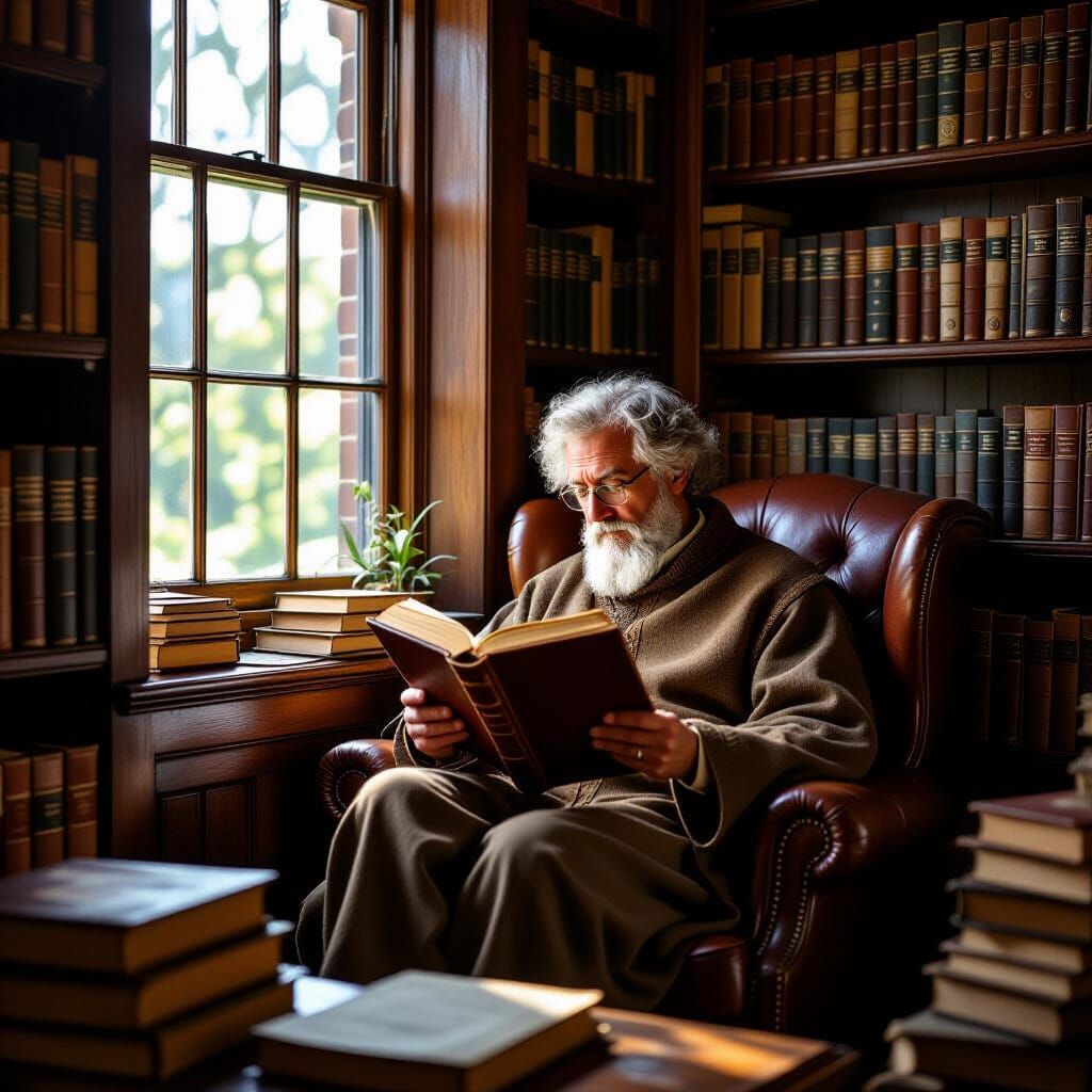 Scholar Reading in Sun-Dappled Nook