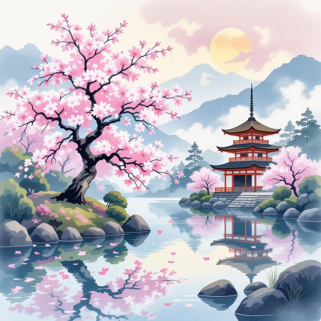 Japanese Garden with Sakura Tree in Watercolor Style