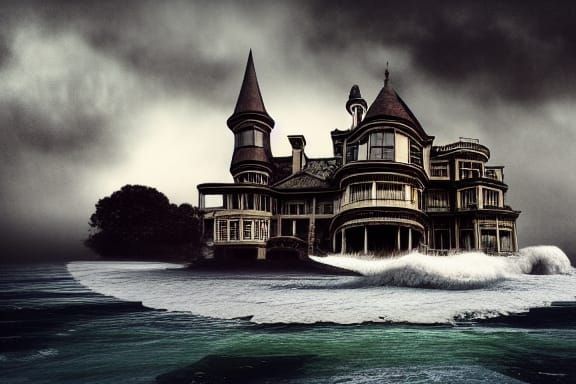 Eerie Victorian House on the Ocean: Hyper-Detailed Painting