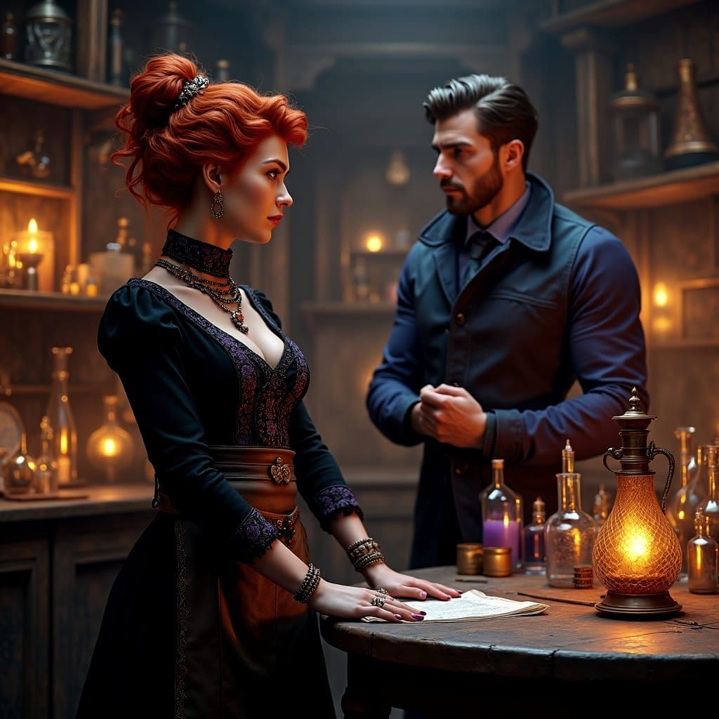 Victorian Alchemist in Steampunk Laboratory with Detective