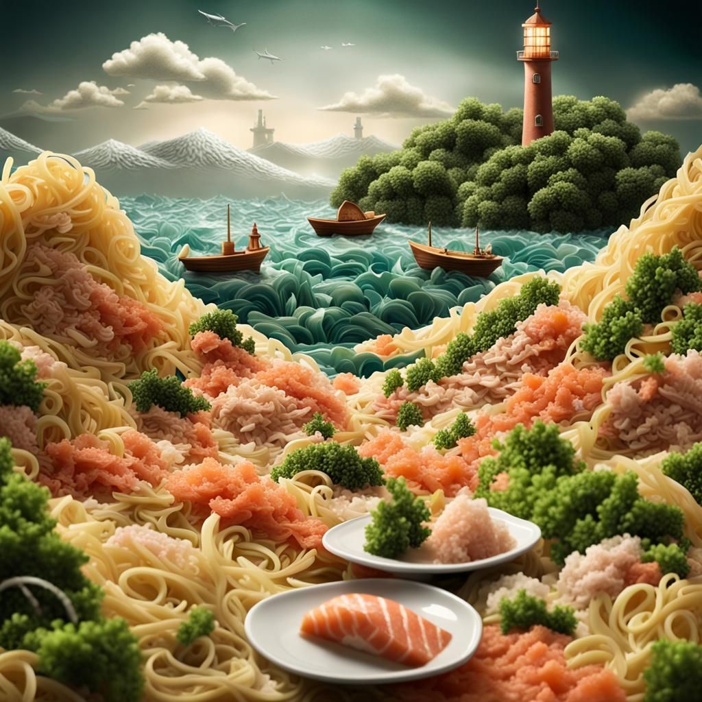 Surreal Food Landscape with Sushi Lighthouse and Salmon Sea