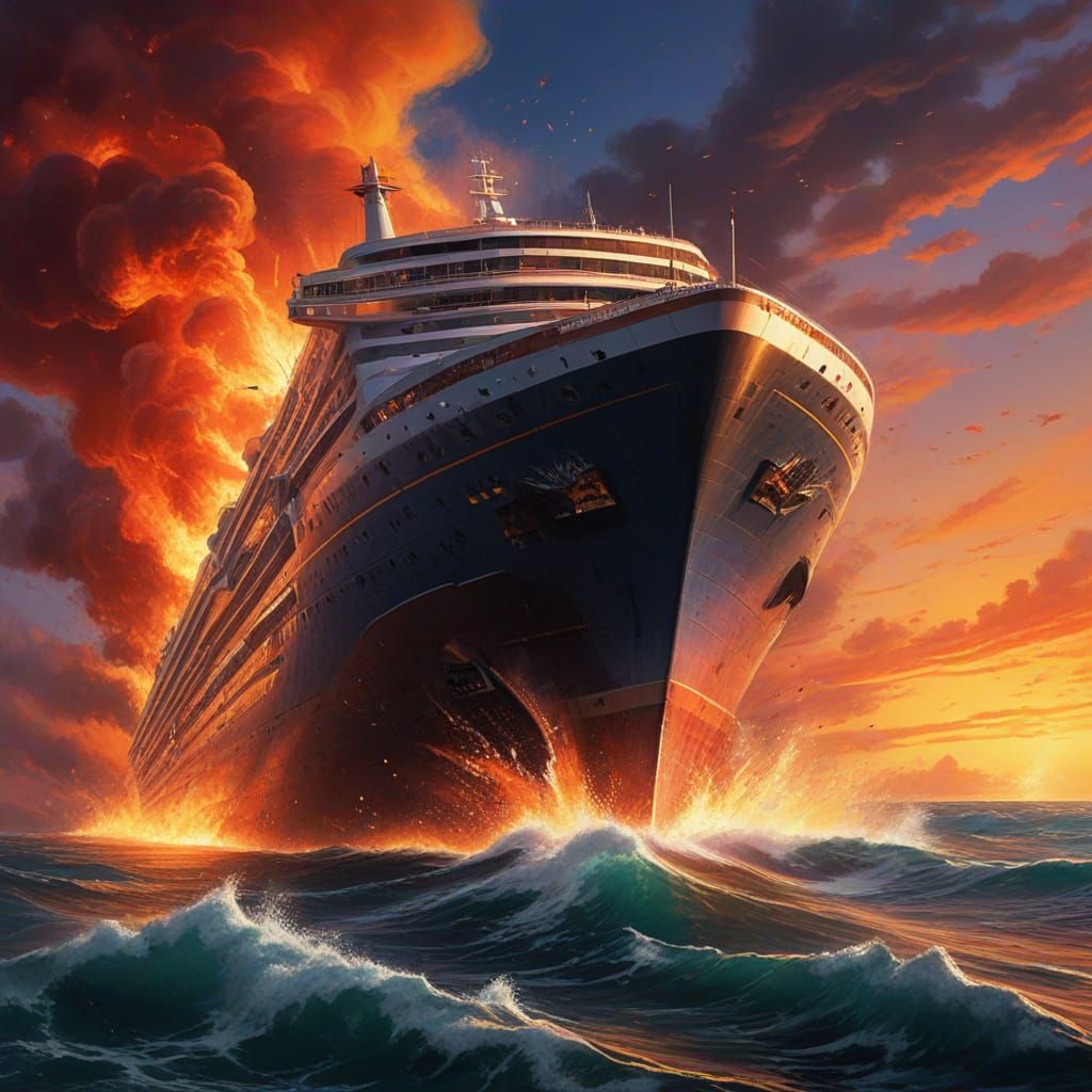 Burning Cruise Liner in Devil's Sea: Oil Painting