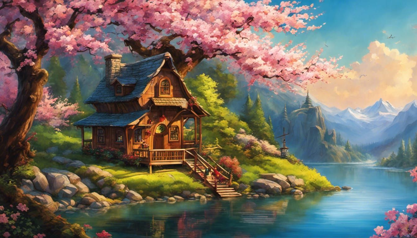 Treehouse Retreat: Impressionist Waterside Fantasy at Sunset