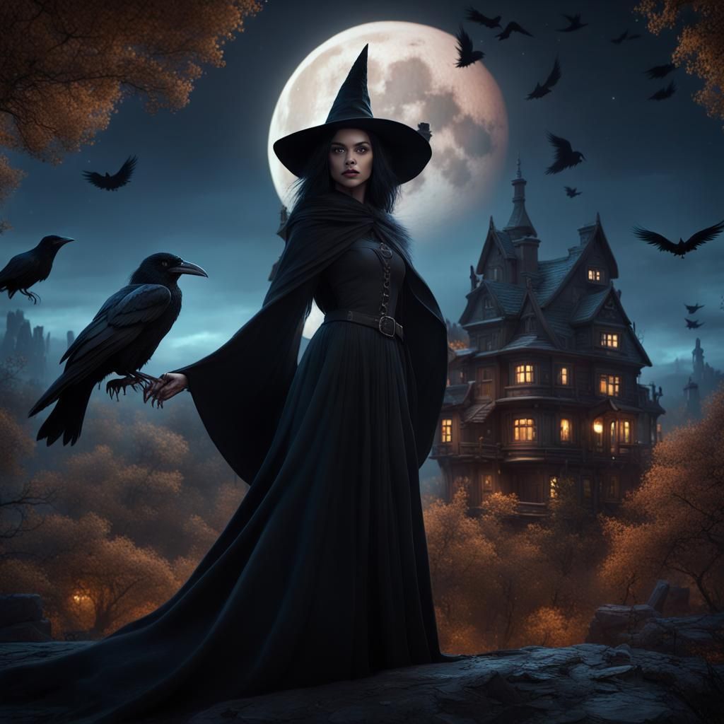 Eldritch Night: Raven-haired Witch in Fantasy Forest