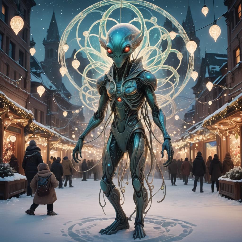 Festive Alien in Snowy City Square: Ethereal Concept Art