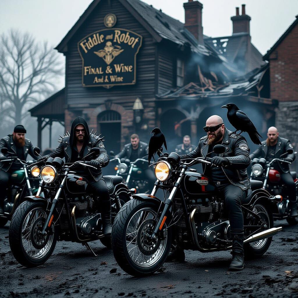 Charred Biker Pub with Raven, Gothic Art Style