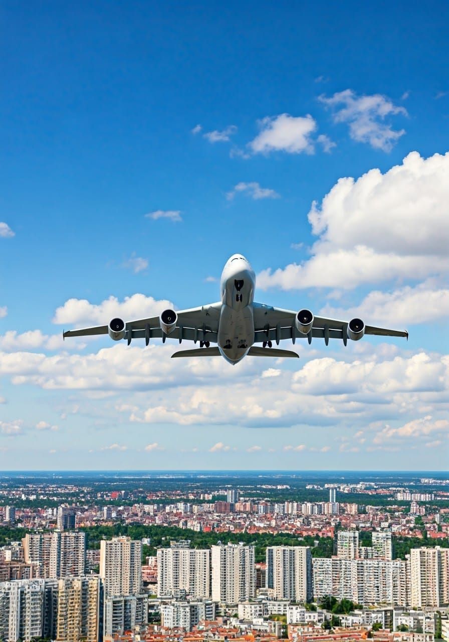 Airbus A380 Soaring Above City in Photorealistic Style
