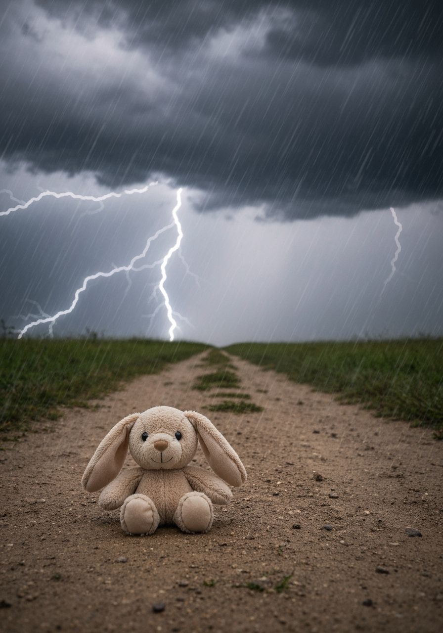 Stuffed Bunny Endures Fierce Thunderstorm on Dirt Path