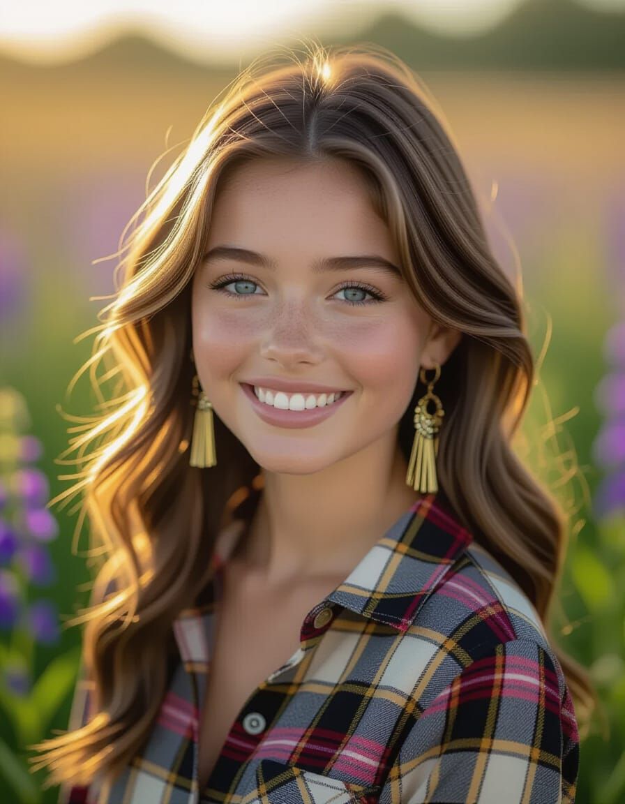 Smiling Girl in Larkspur Field, Golden Hour Portrait