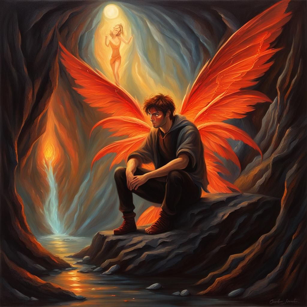 Fiery-Winged Fairy in Gloomy Cave Painting