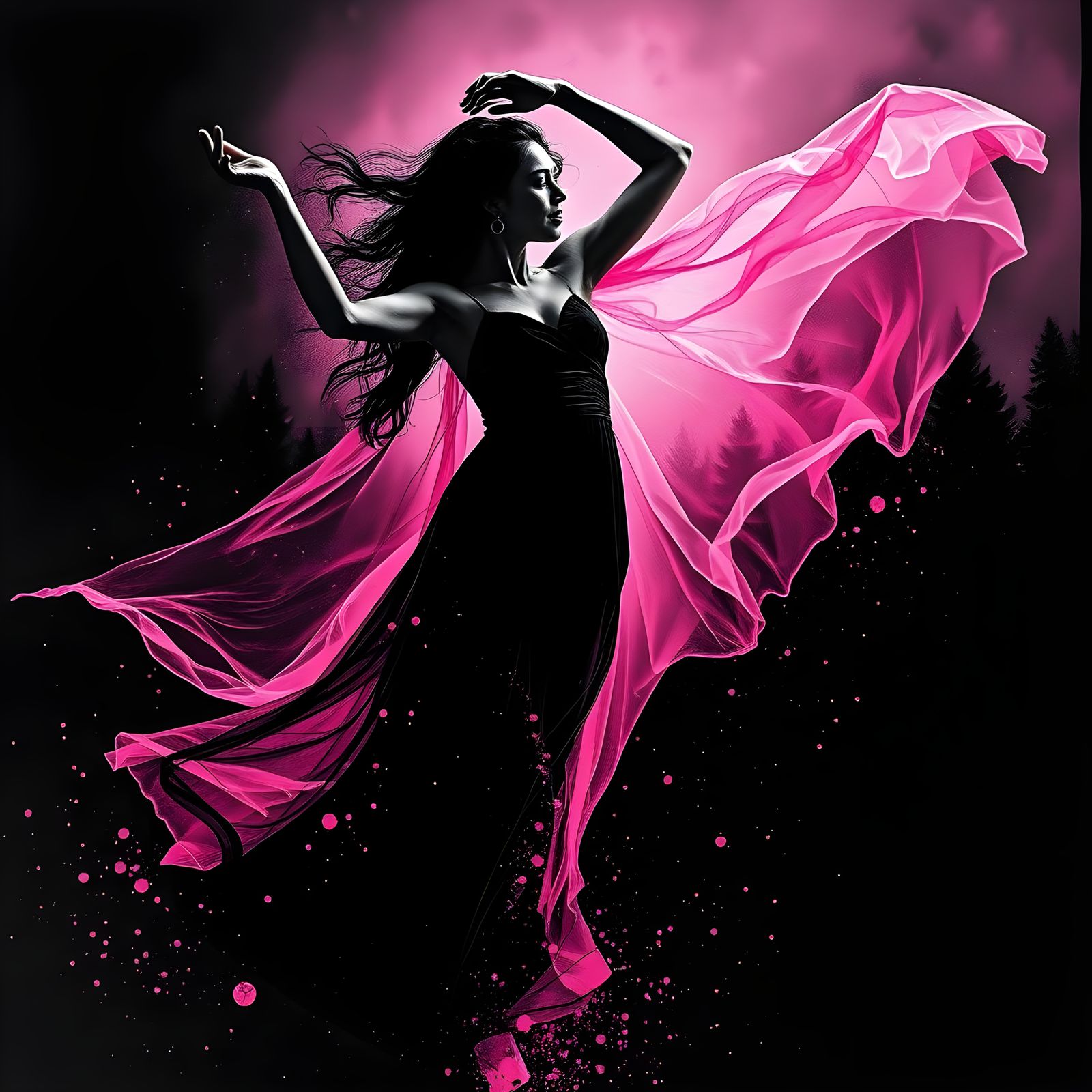 Joyful Dancer in Pink and Black Ink Splatter Art