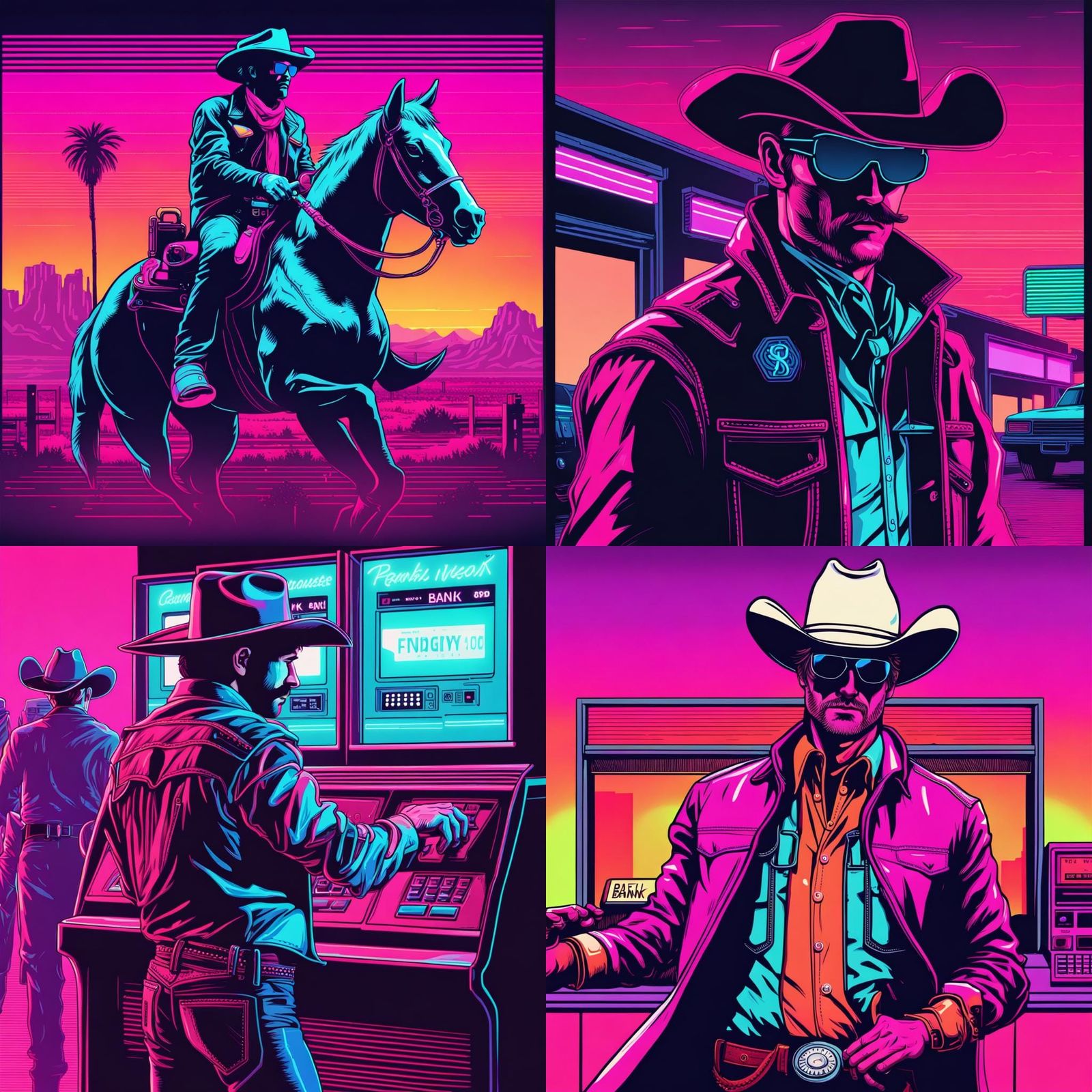 Cowboy Bank Robbery in Synthwave Neon Style