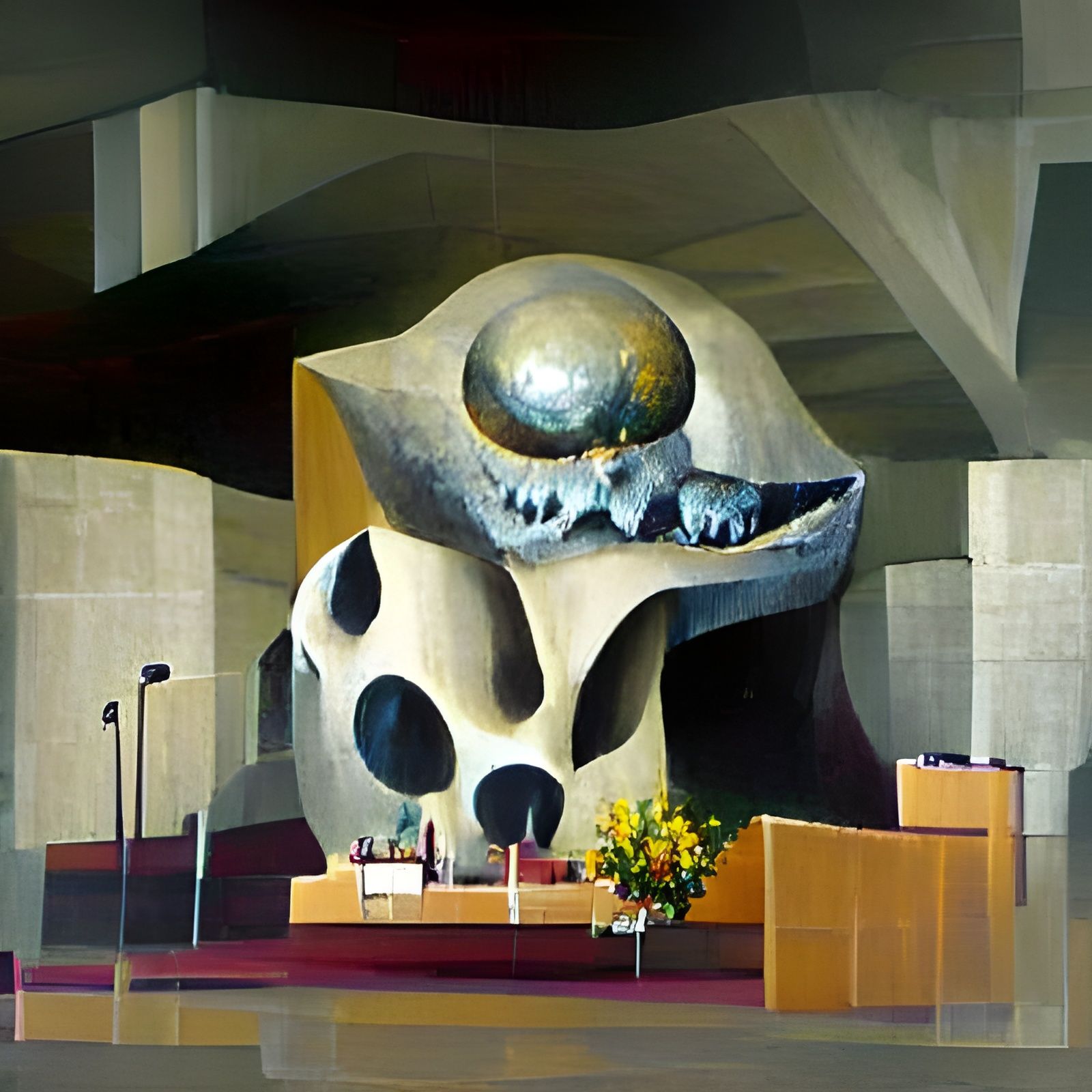 Three-Eyed Skull on Brutalist Altar in Oil Paint