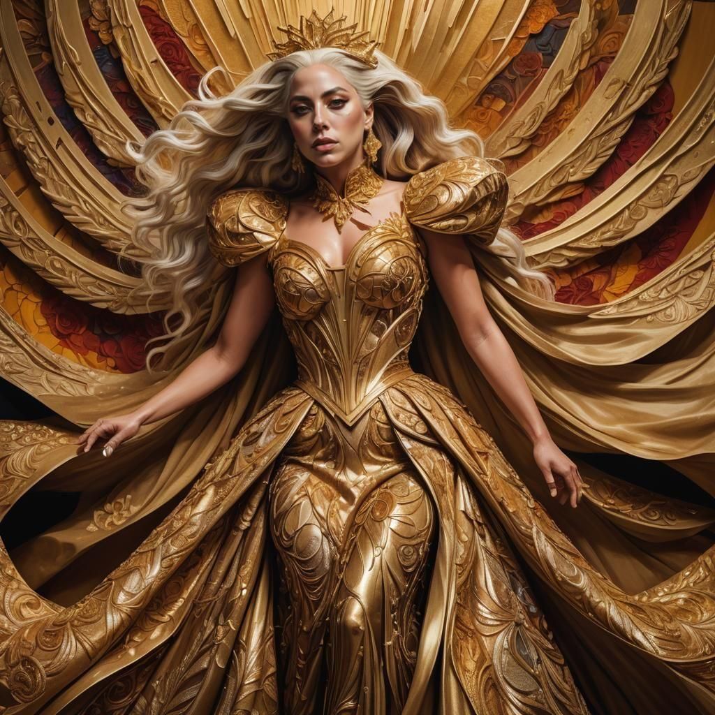Lady Gaga in Gold Dress: Hyperrealistic Splash Art