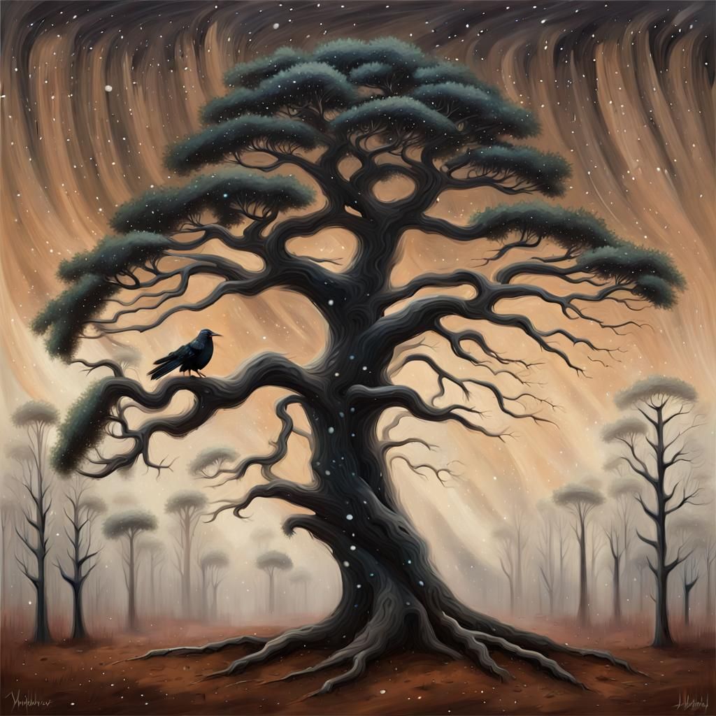 Boreal Winter Bonsai Tree with Raven: Tonalist Landscape