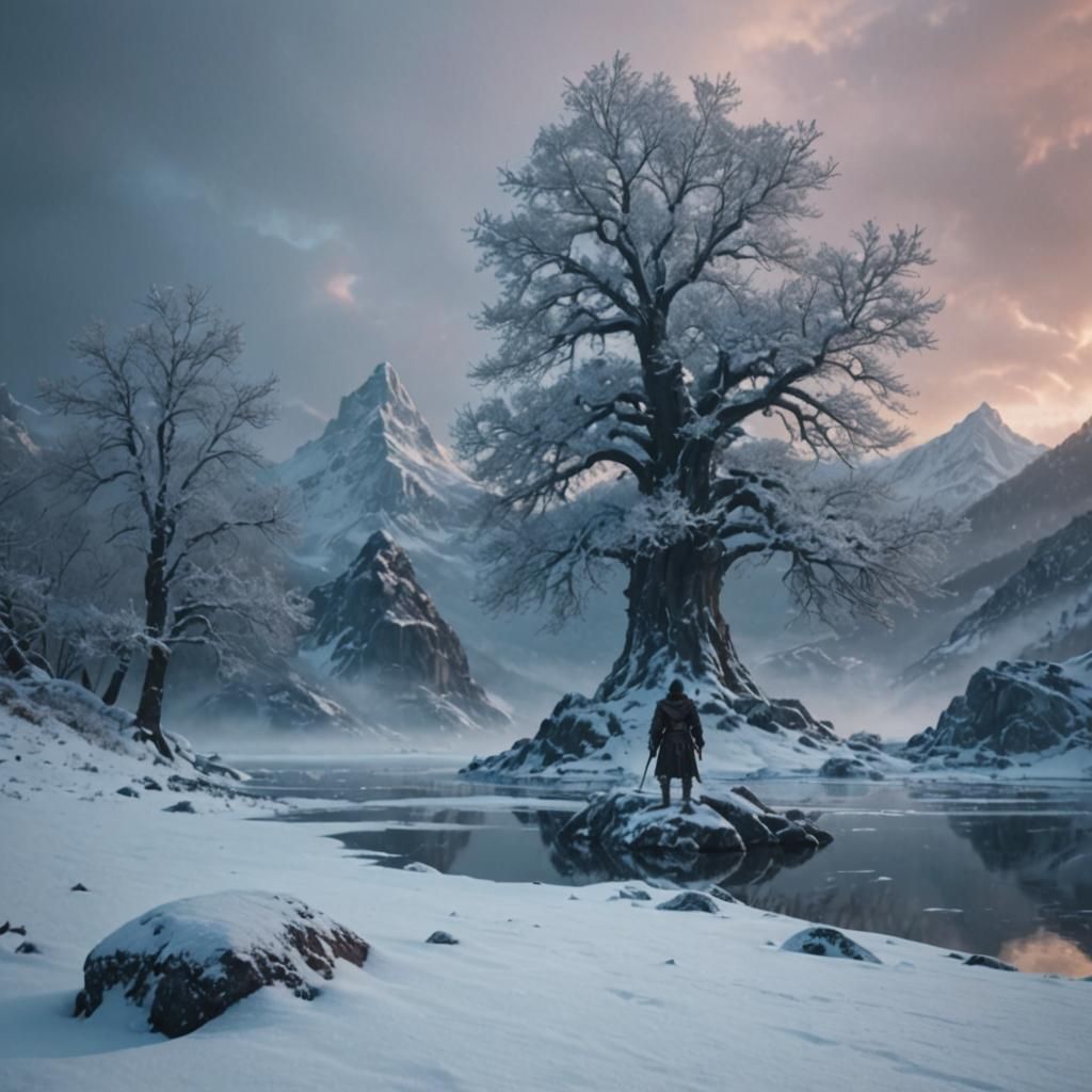 Lone Warrior in Snowy Mountain Pass